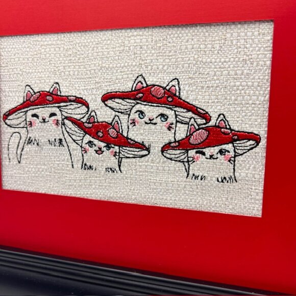 Homemade Black & Red Mushroom Cat Framed Embroidery Art - Picture 3 of 7
